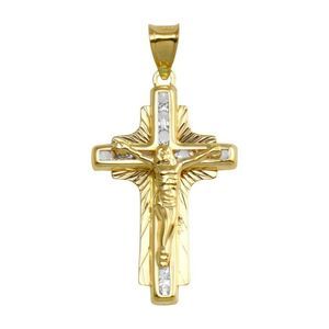 SOLID 14k Yellow Gold Jesus Cross Pendant Diamond Cut CZ Necklace for Women Men